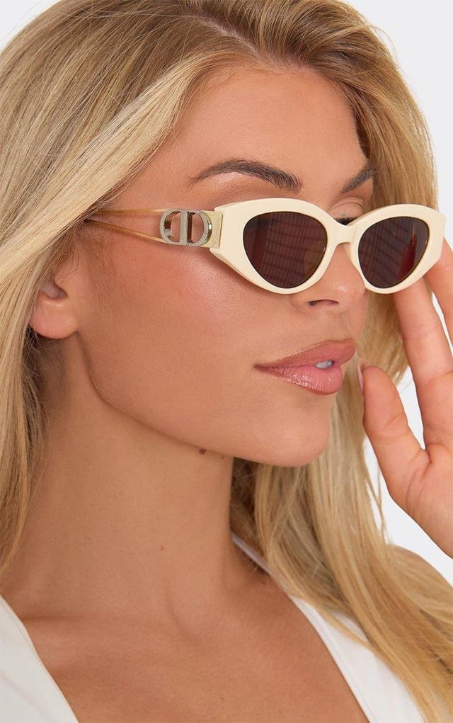 EGO Cateye Shaped Cut Out Side Logo Detail Tinted Lense Sunglasses In Cream, Women's Size UK 0 - 2