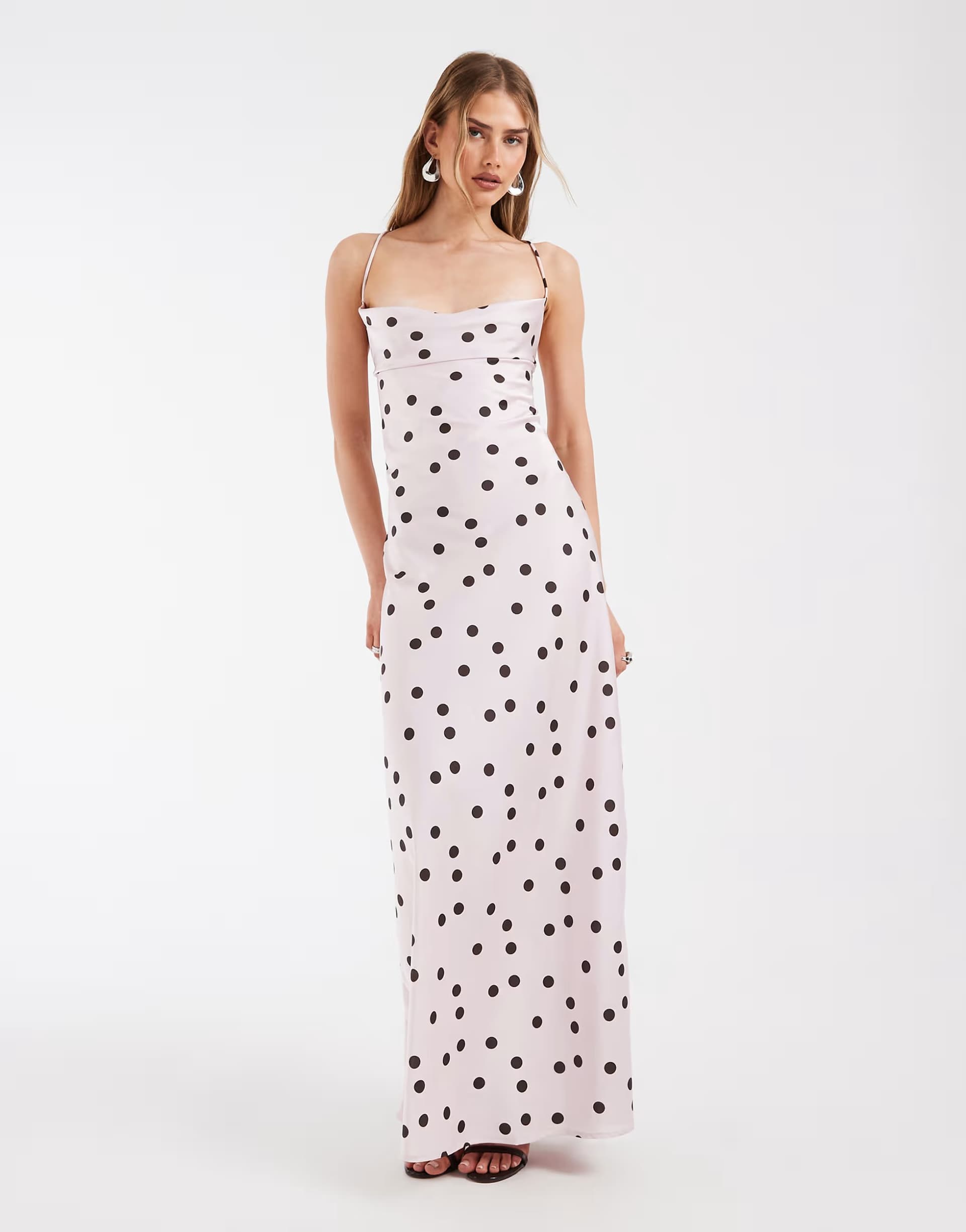 ASOS Object satin low cross back maxi slip dress in pale pink and brown polka dot