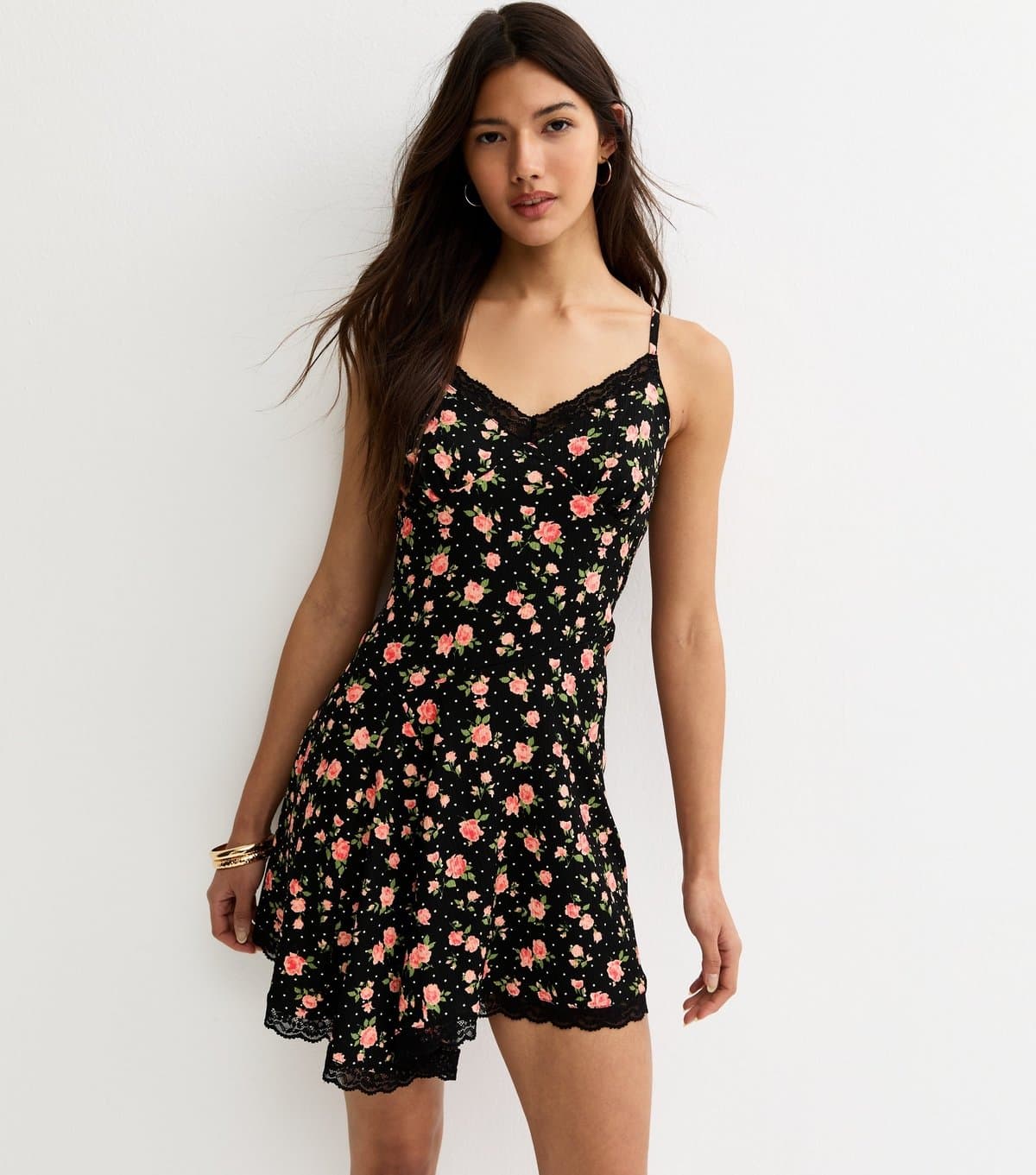 New Look Women's Black Rose Pattern Lace Trim Mini Dress New Look