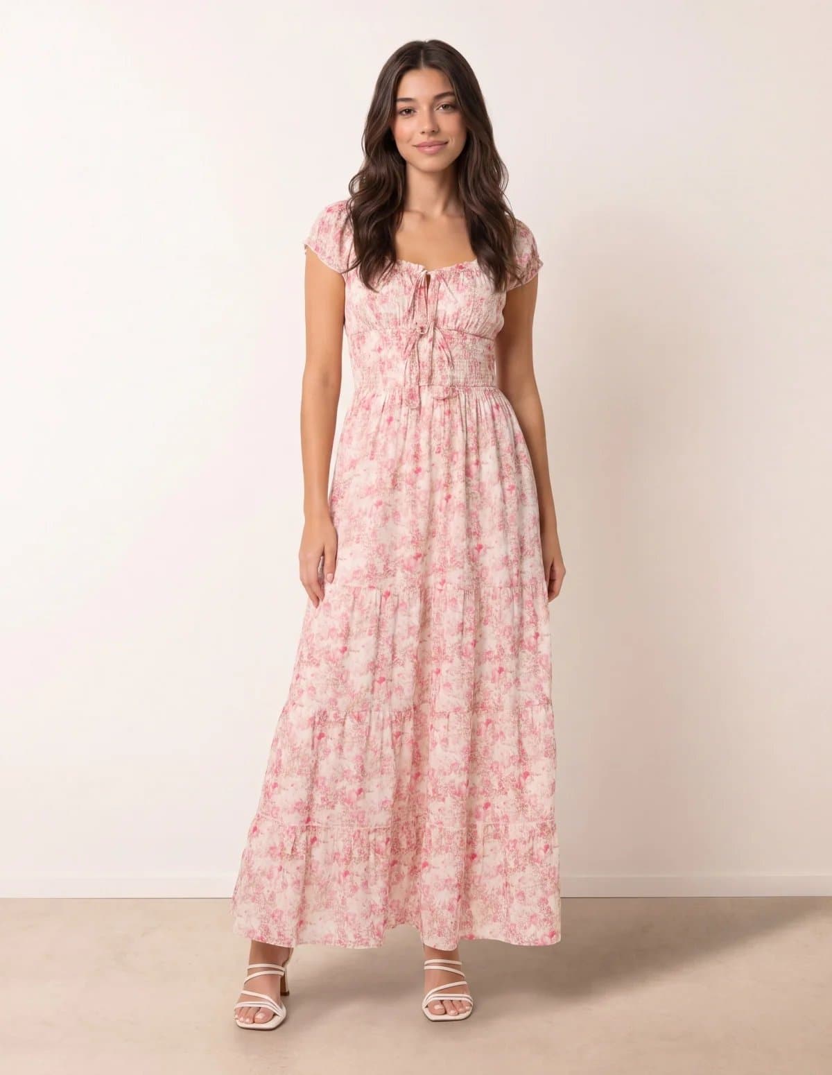 Blue Vanilla Double Front Tie Shirred Ditsy Floral Maxi Dress