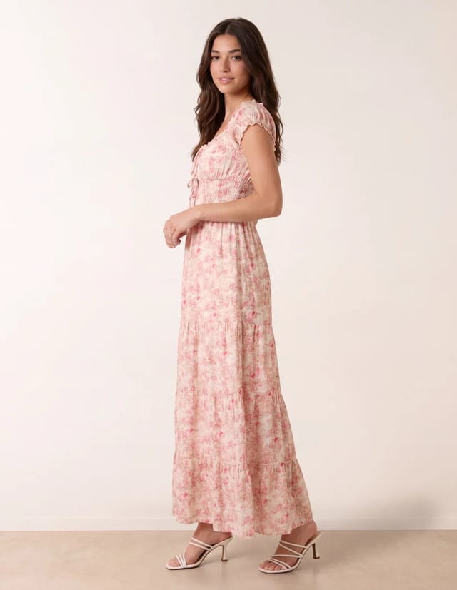 Blue Vanilla Double Front Tie Shirred Ditsy Floral Maxi Dress - 2