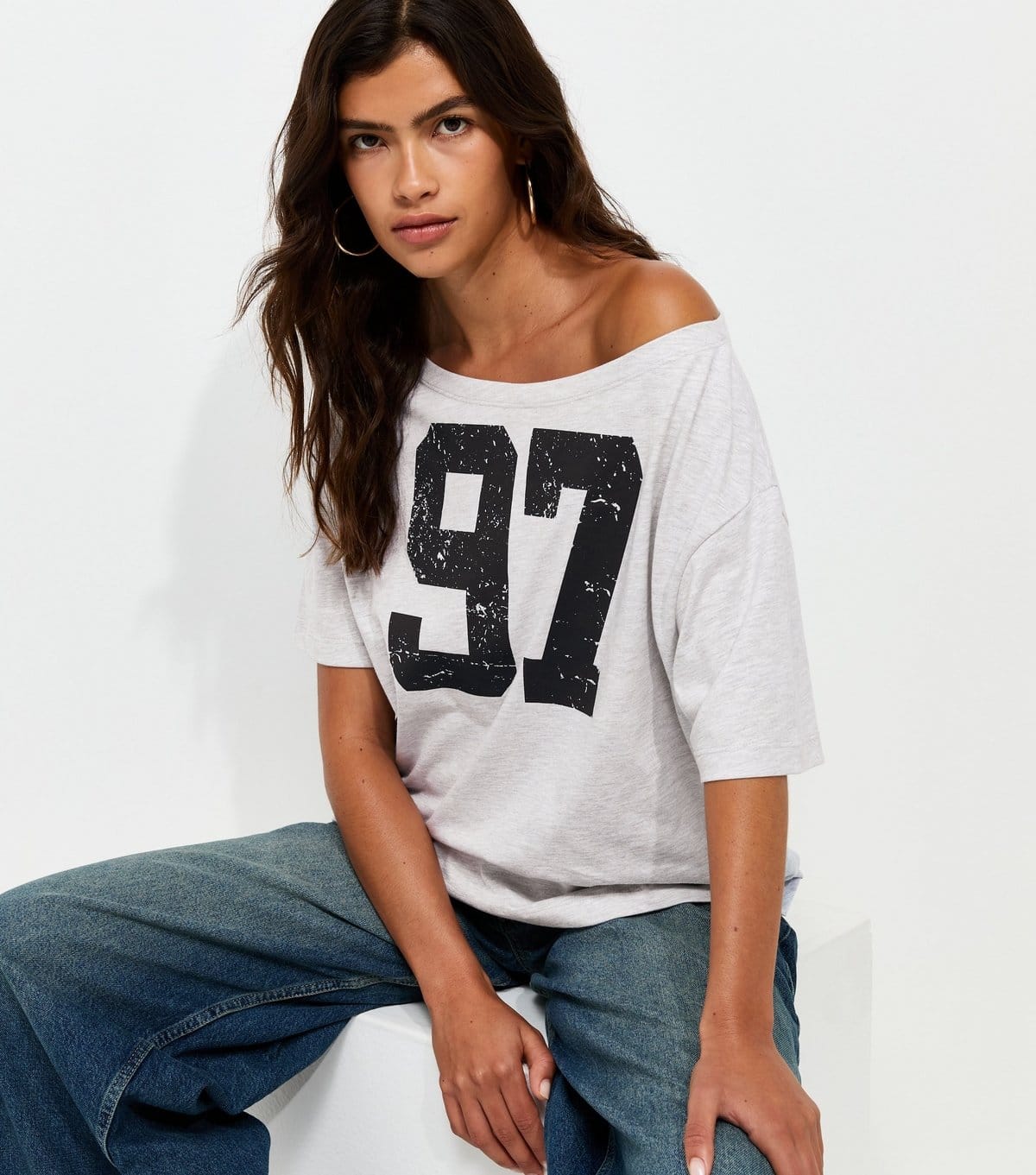 Women's Grey Marl Cotton Rich 97 Off The Shoulder T-Shirt New Look