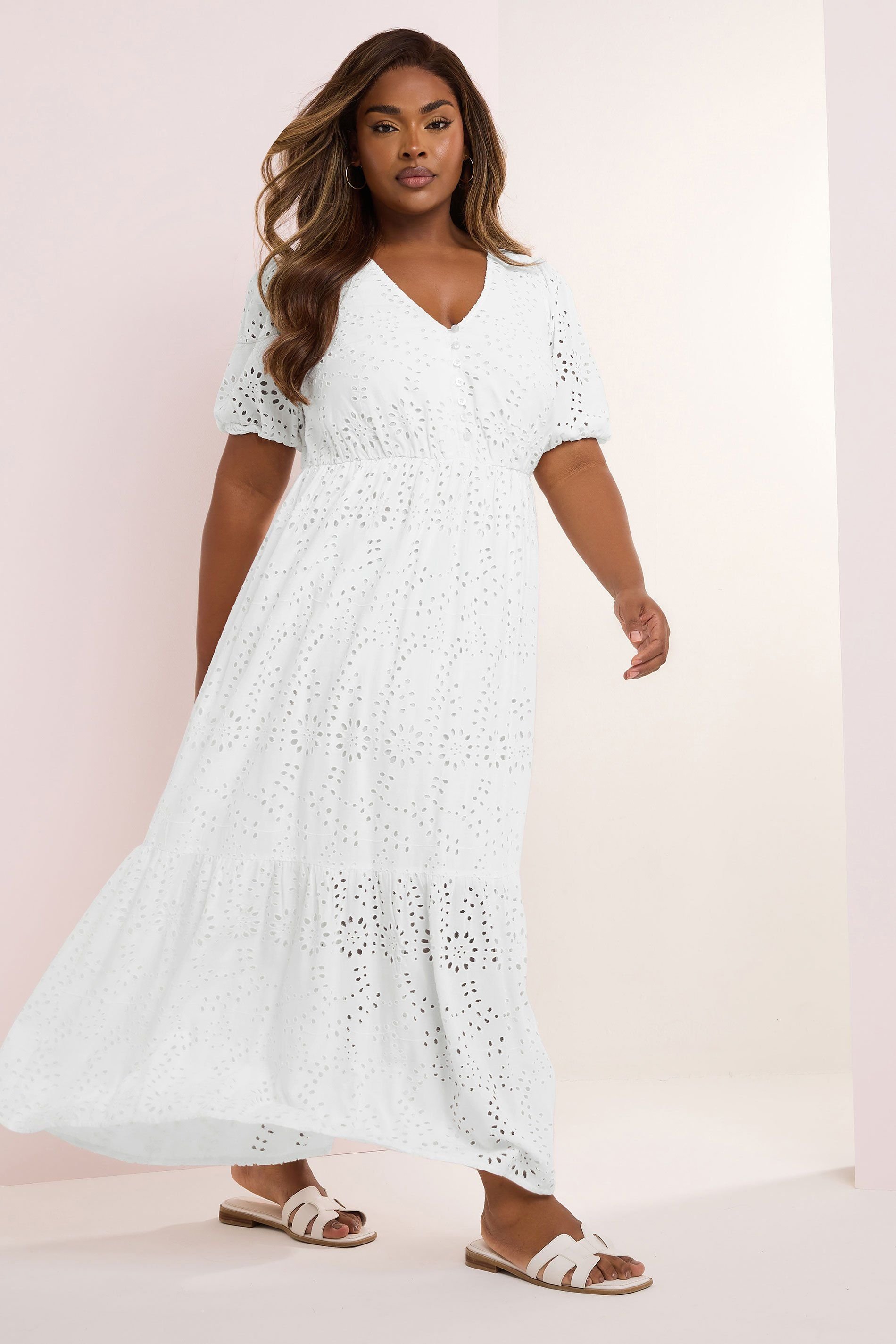 Yours Yours Women's Broderie Anglaise Tiered Maxi Dress in White - 4
