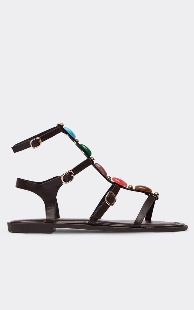 EGO Annie Stone Detail Strappy Gladiator Sandal In Brown Faux Leather, Women's Size UK 3 - 2