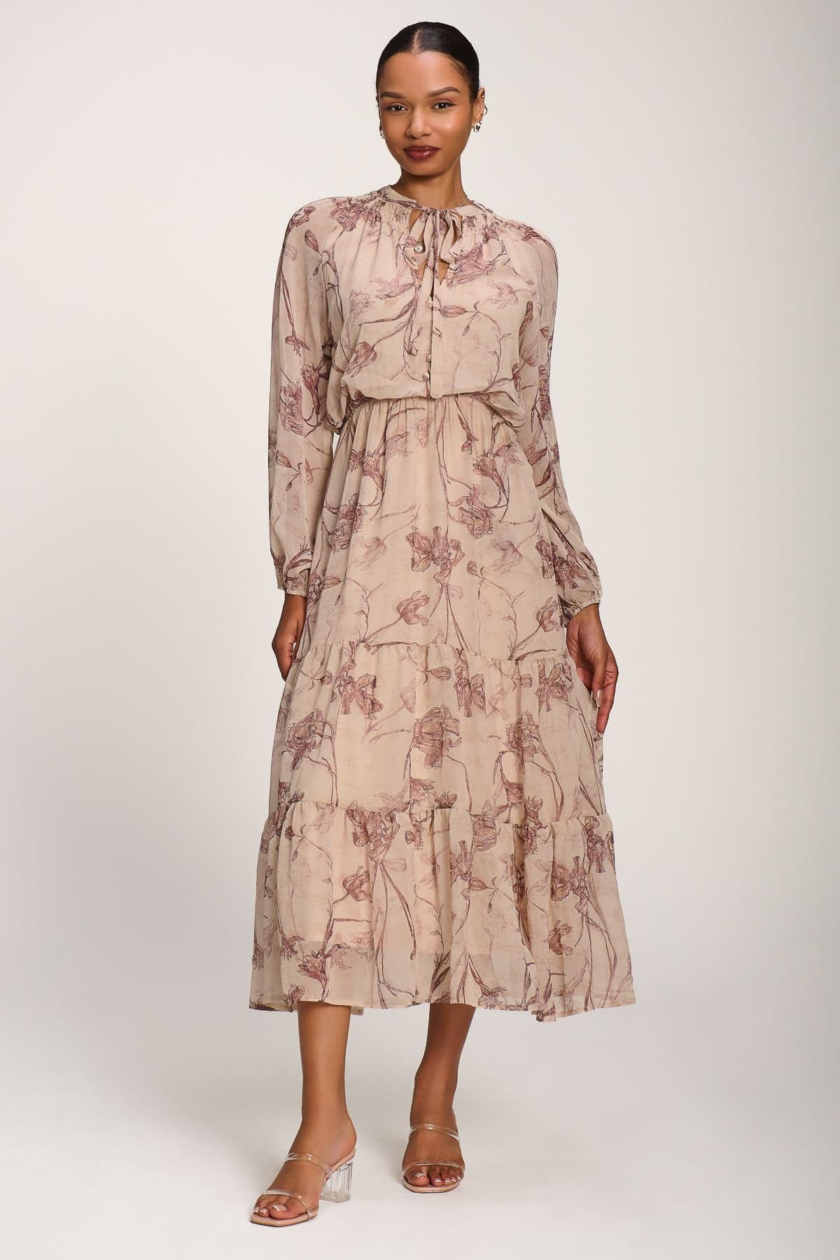 Jolie Moi Jolie Moi Women's Chiffon Tie Neckline Maxi Dress in Light Beige