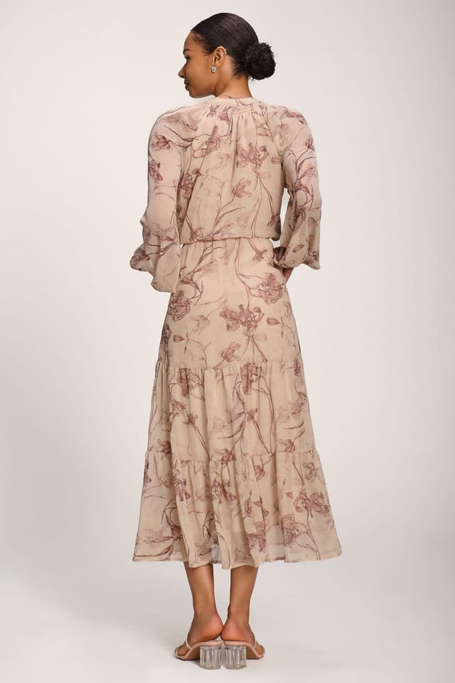 Jolie Moi Jolie Moi Women's Chiffon Tie Neckline Maxi Dress in Light Beige - 2