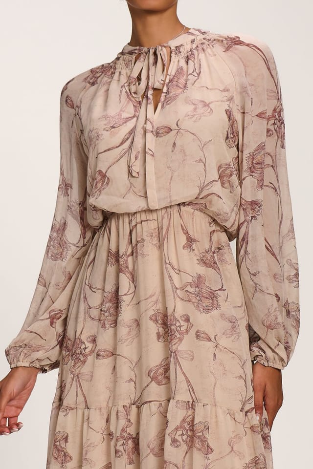 Jolie Moi Jolie Moi Women's Chiffon Tie Neckline Maxi Dress in Light Beige - 3