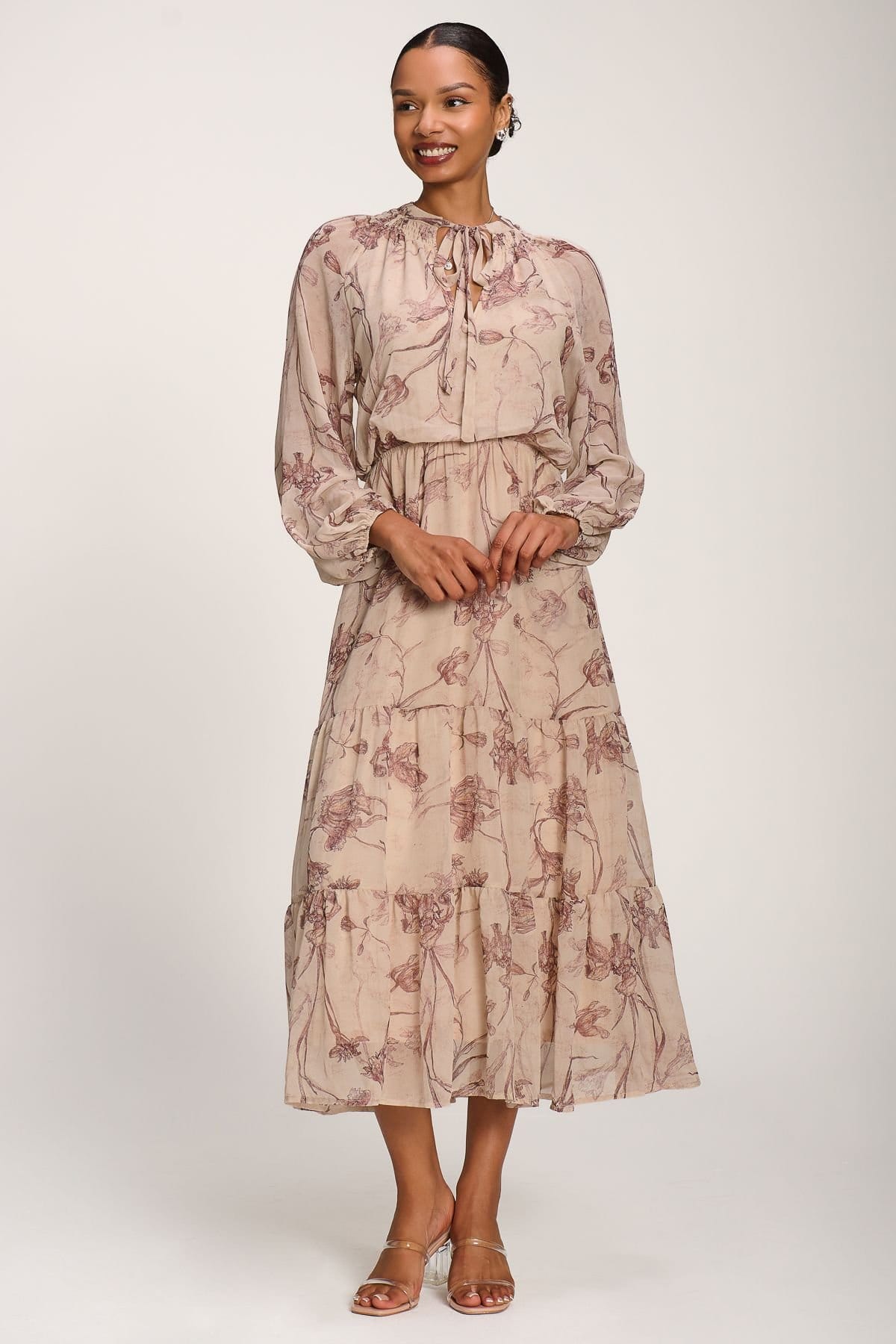 Jolie Moi Jolie Moi Women's Chiffon Tie Neckline Maxi Dress in Light Beige - 4