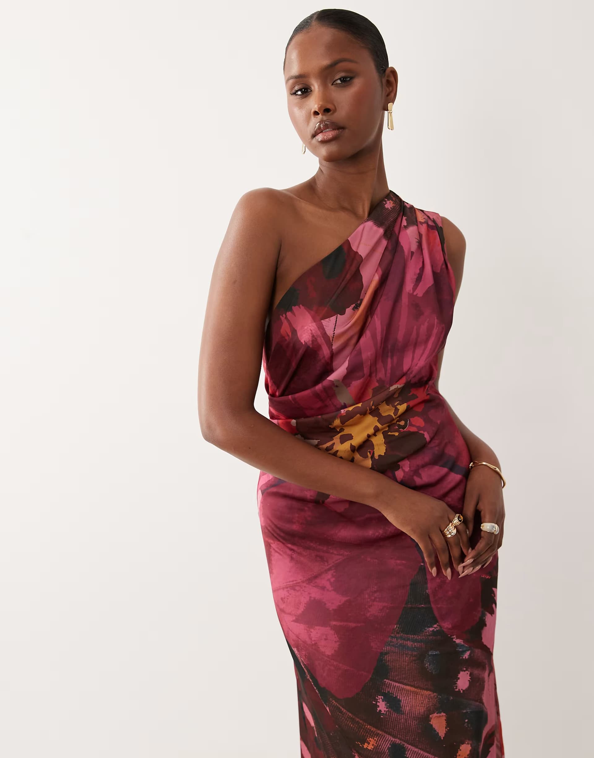 ASOS ASOS DESIGN one shoulder satin maxi dress with pleat detail in red floral print