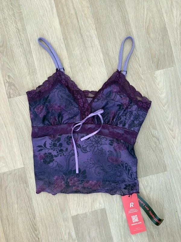 Romwe ROMWE Purple Floral Lace Mesh Cami Crop Top Y2K Fairy Grunge Coquette Size S (UK 8)