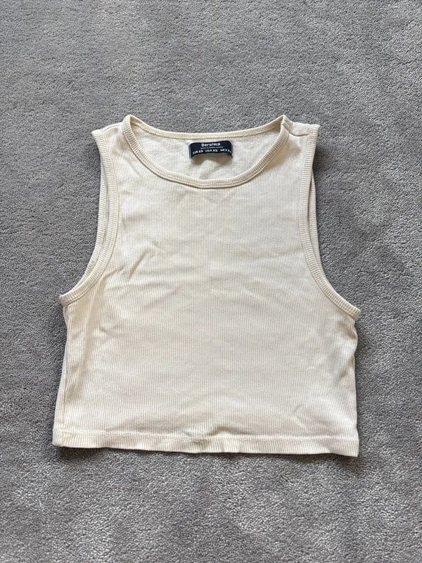 Bershka Cream Ribbed Cropped Racer Top