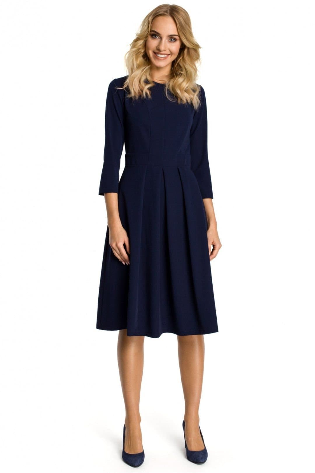 Love Lace Love Lace Women's Ruffle Waist Cinched 3/4 Sleeve Day Dress in Navy