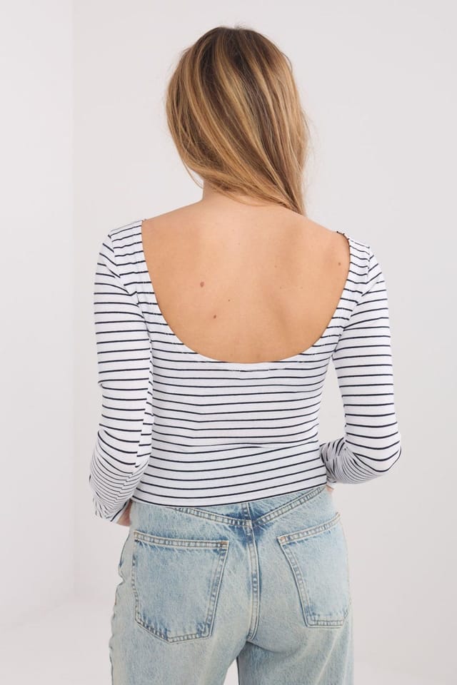Love Lace Love Lace Women's Fitted Striped Long Sleeve Blouse with Boat Neck in Black - 3