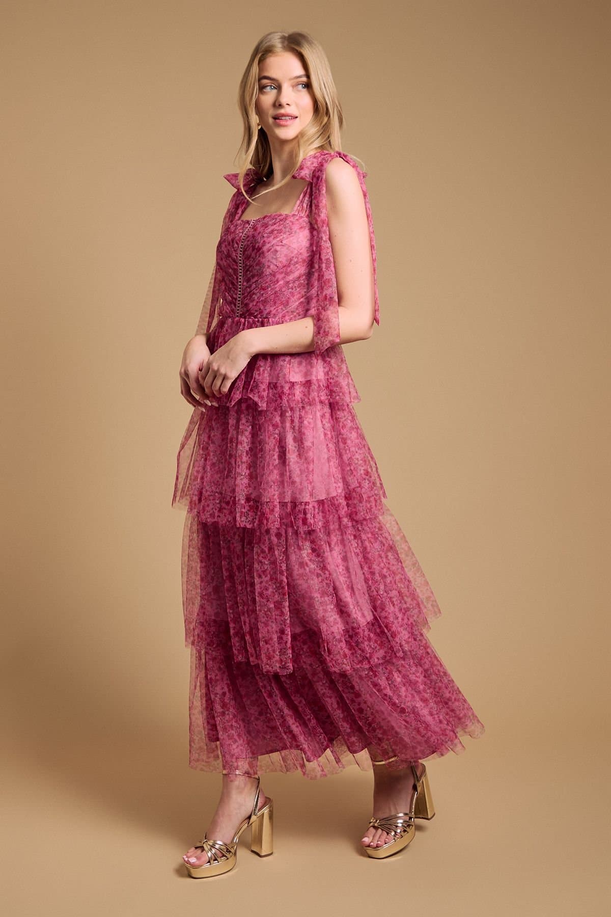 Oasis Oasis Women's Tiered Tie Strap Maxi Dress in Pink