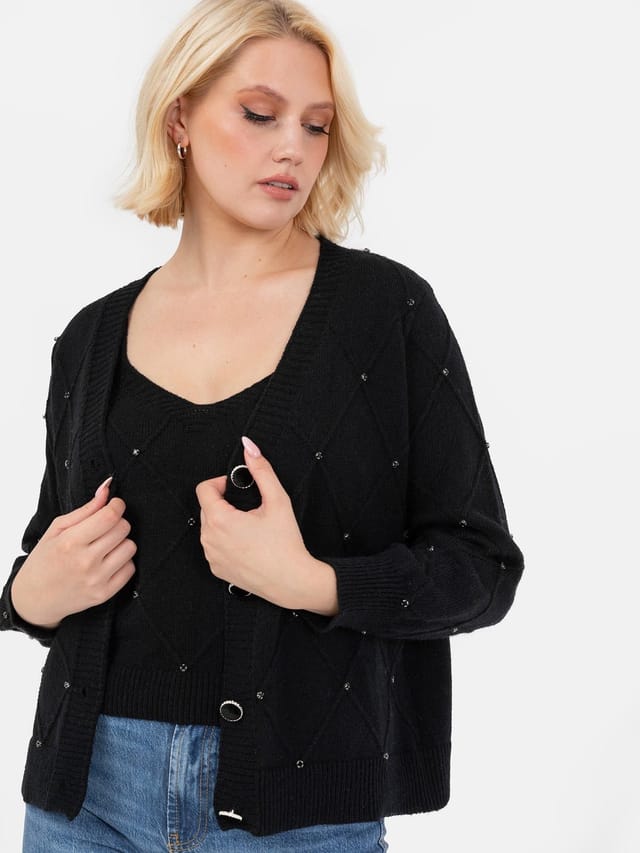 Lovedrobe Lovedrobe Women's Diamante Cardigan Crop Top Set in Black - 2