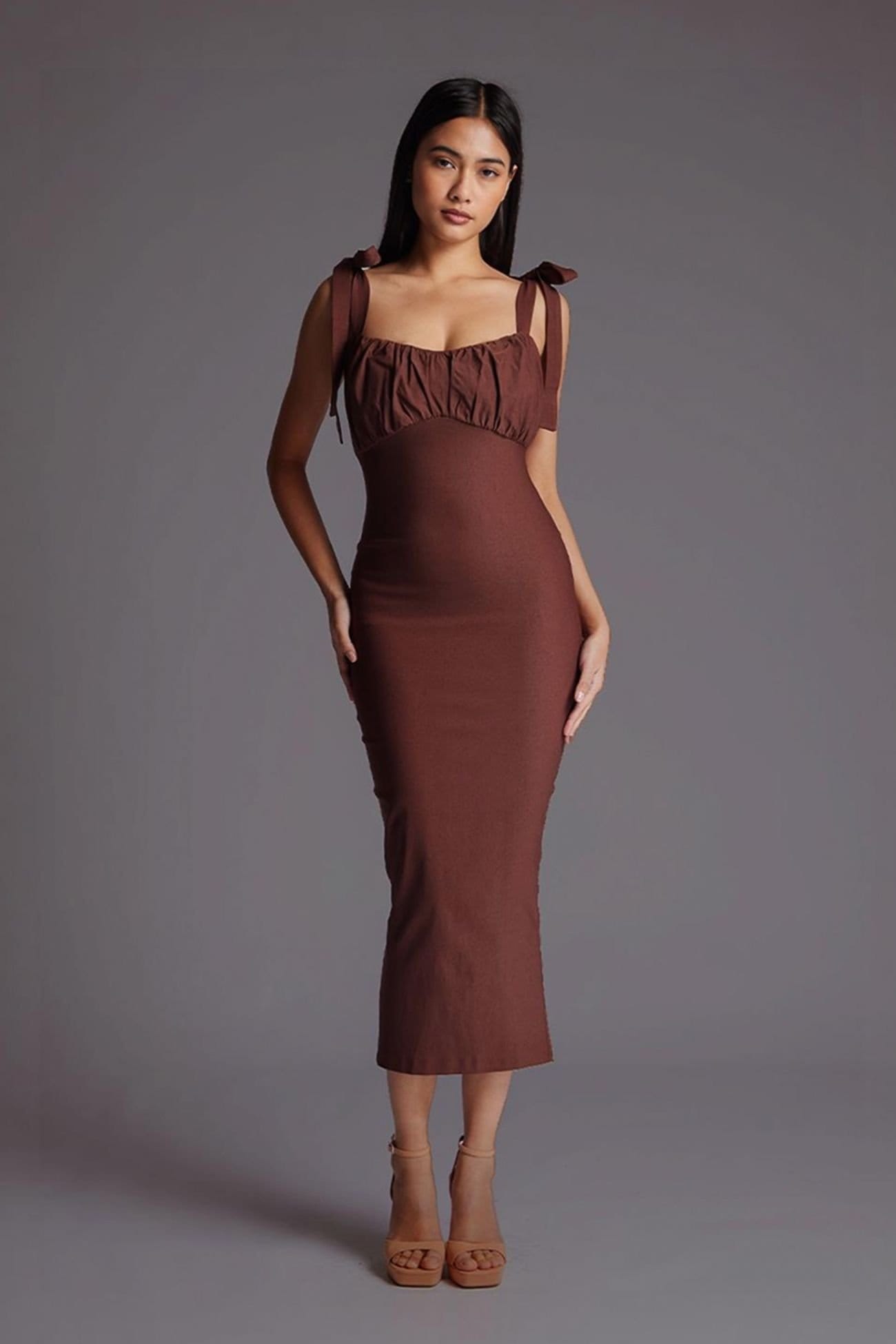Vesper Women's Ruched Bust Bodycon Midaxi Dress in Chocolate