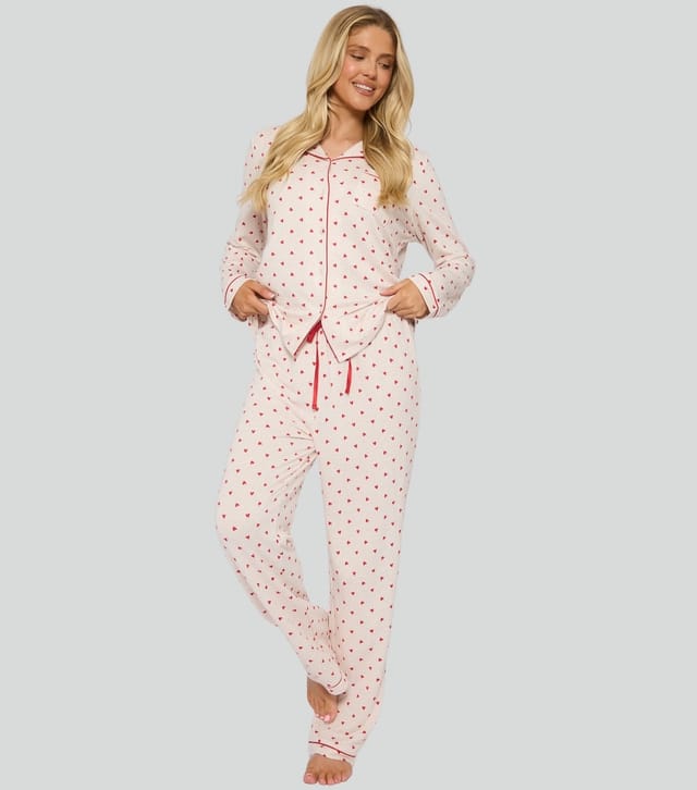 Loungeable Women's Valentines Pink Heart Patterned Shirt and Trousers Pyjama Set Loungeable New Look - 3