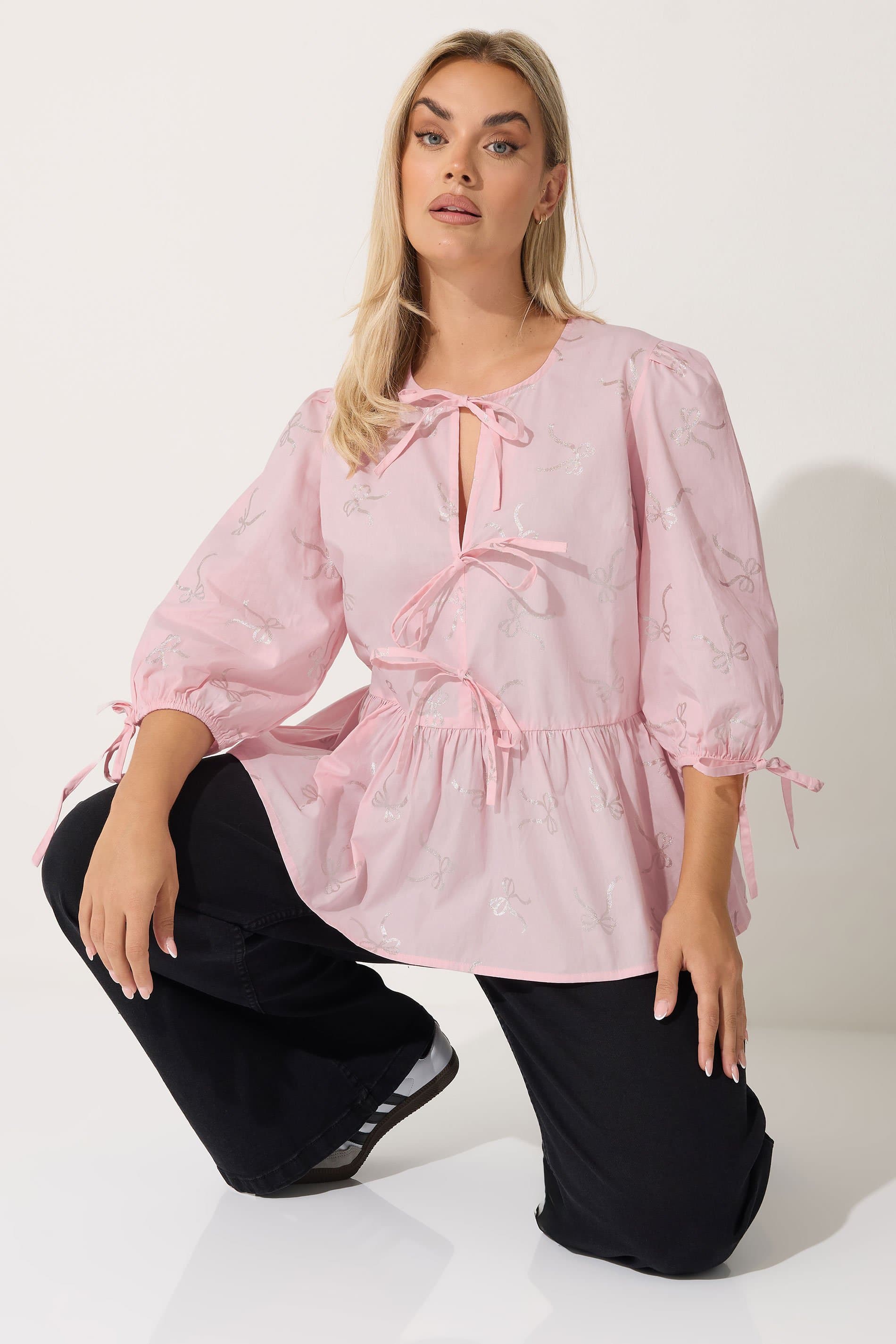 Limited Collection Plus Size Pink Metallic Bow Tie Front Top