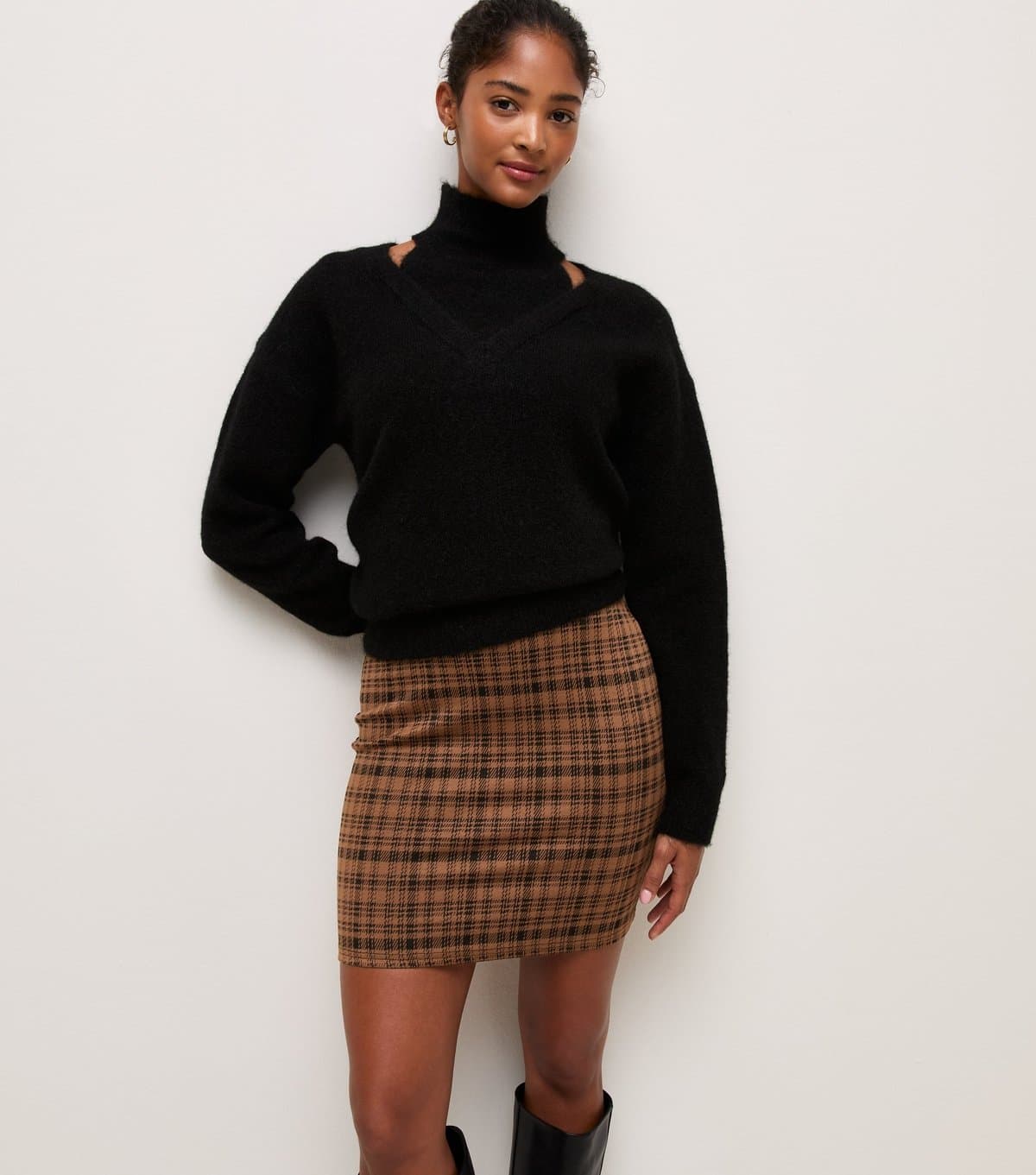 New Look Women's Brown Check Jacquard Mini Skirt New Look