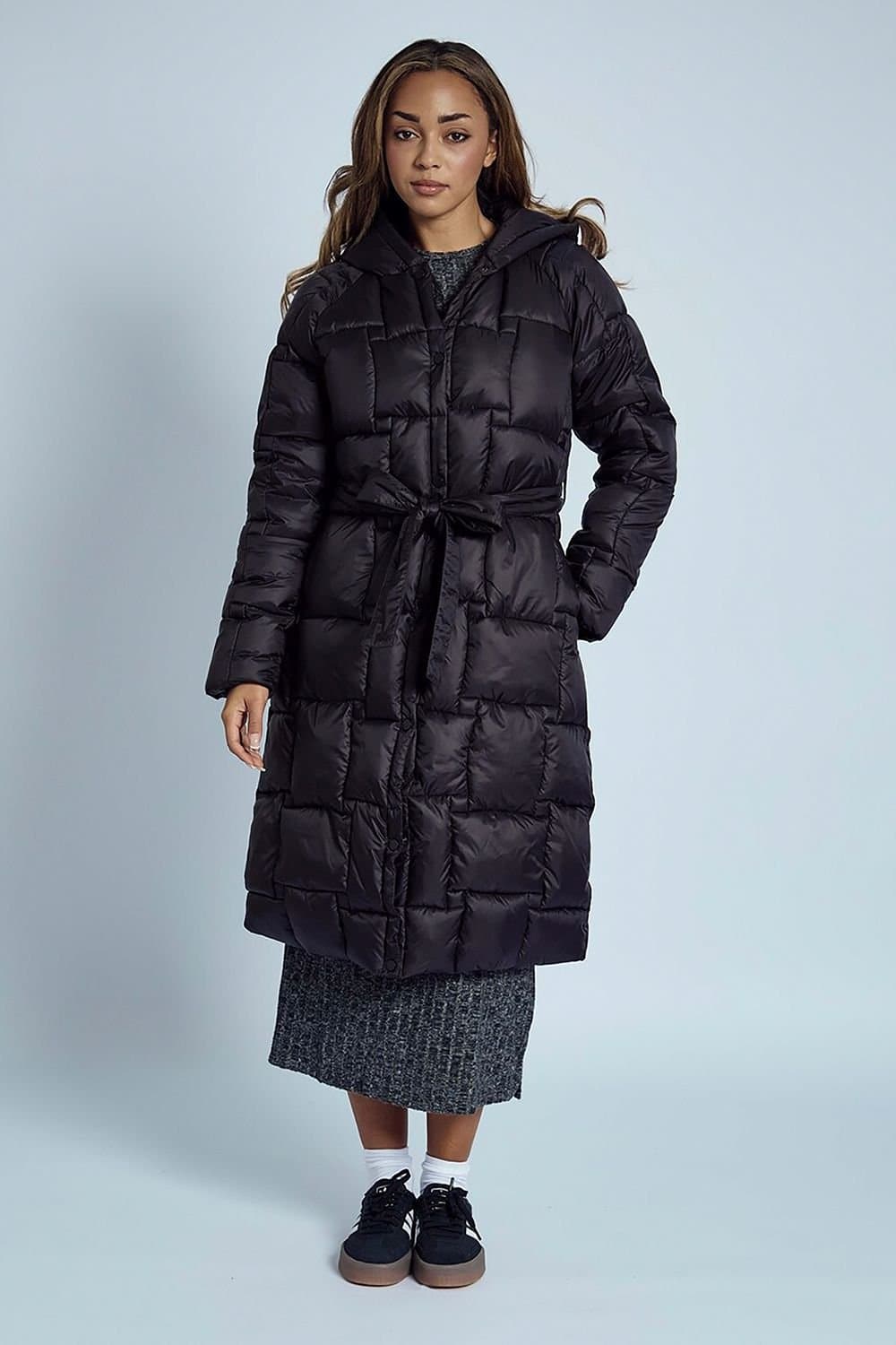 Native Youth Native Youth Women's Longline Square Patterned Hooded Belted Puffer Coat in Black
