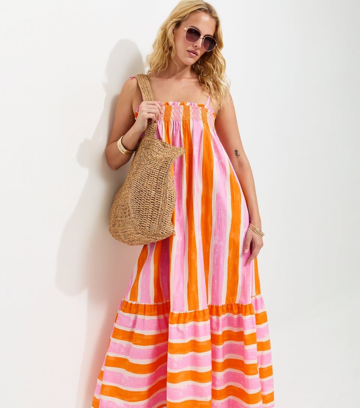 New Look Women's Tall Orange Cotton Stripe Strappy Midi Dress New Look