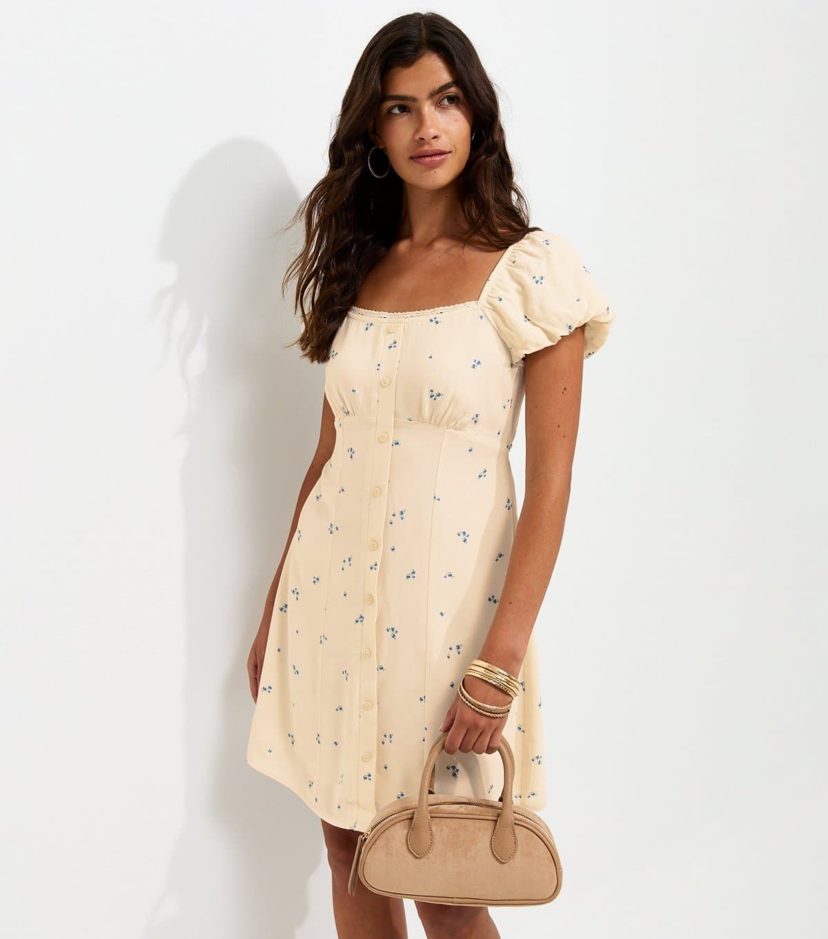 New Look Women's White Ditsy Print Button Detail Mini Dress New Look