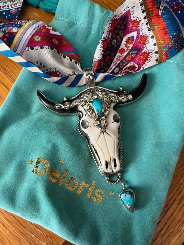 Never Fully Dressed Never fully dressed Deloris long horn bull turquoise stone pendant 100% silk necklace