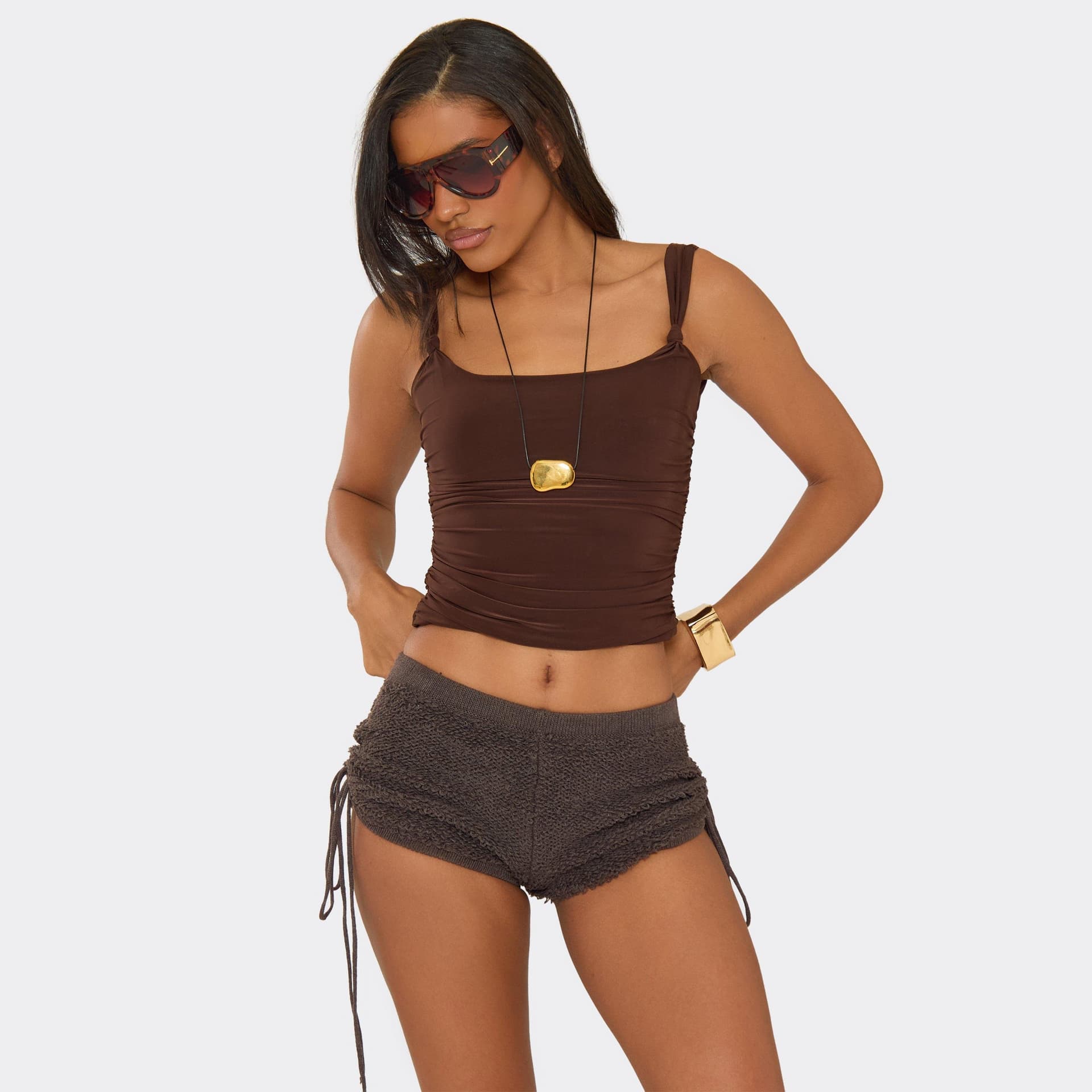 EGO Low Rise Ruched Side Mini Shorts In Chocolate Brown Knit, Women's Size UK L