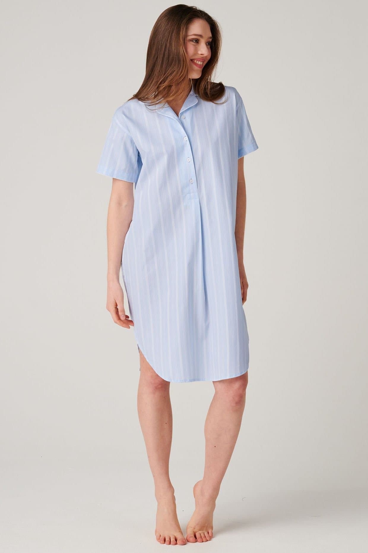 British Boxers British Boxers Women's "Breezy Blue Satin Stripe" Crisp Cotton Short Sleeve Nightshirt in Baby Blue