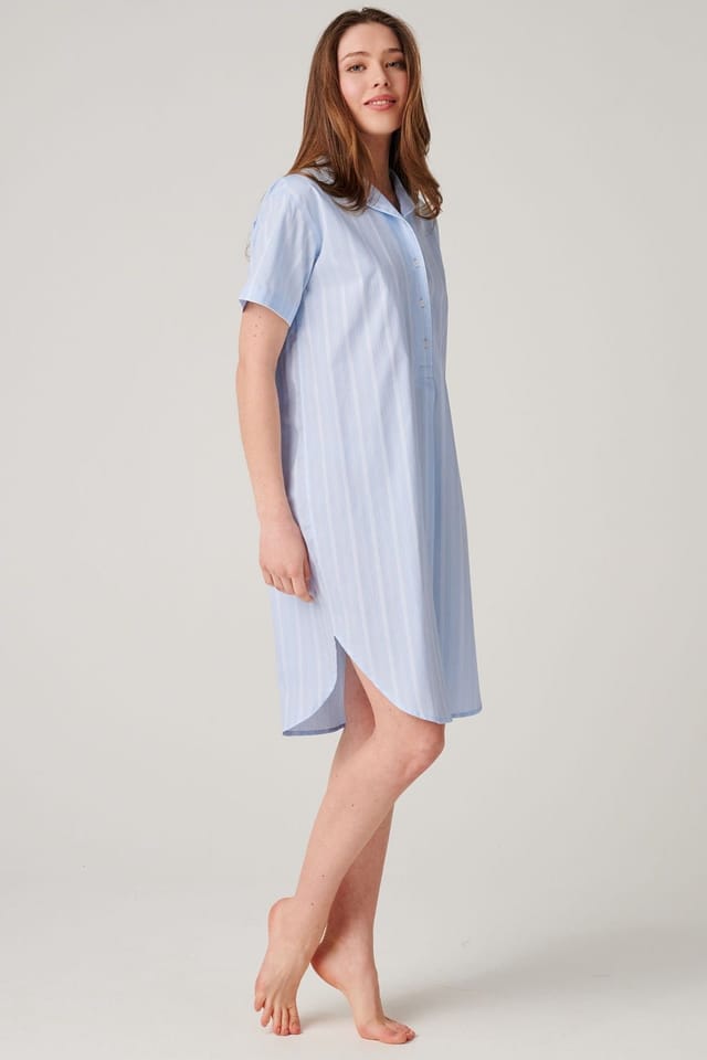 British Boxers British Boxers Women's "Breezy Blue Satin Stripe" Crisp Cotton Short Sleeve Nightshirt in Baby Blue - 2