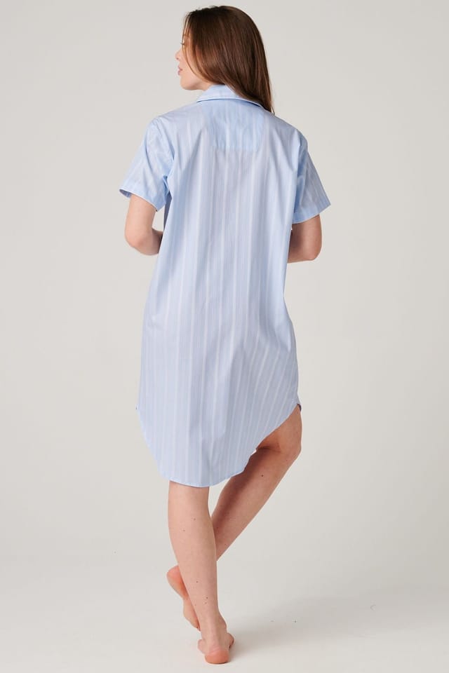 British Boxers British Boxers Women's "Breezy Blue Satin Stripe" Crisp Cotton Short Sleeve Nightshirt in Baby Blue - 3