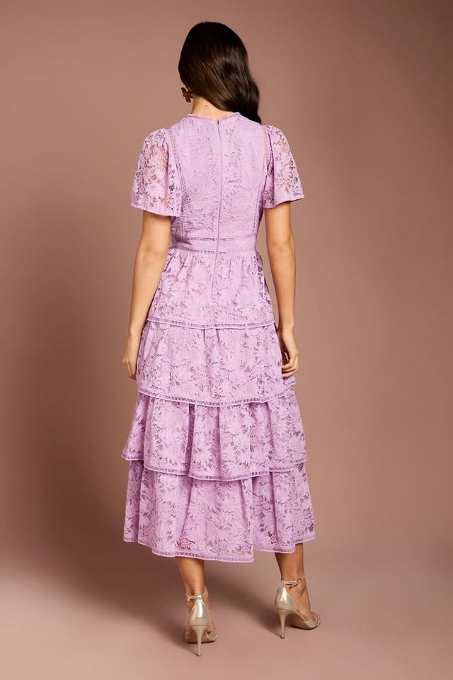 Coast Coast Women's Tiered Lace Dress With Flutter Sleeve & Trims in Lilac - 3