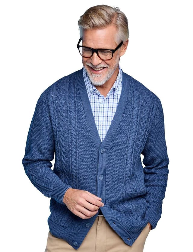 Tootal Tootal Men's Soft Cotton Blend Chunky Cable Knit Cardigan in Blue - 2