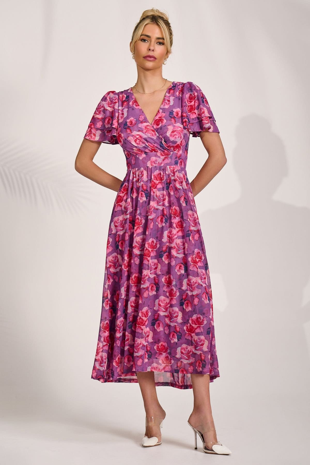 Jolie Moi Purple Floral Midi Dress with Angel Sleeves