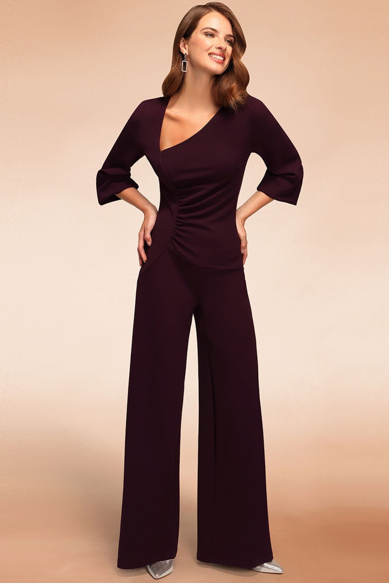 Hot Squash Hot Squash Women's Ruched Jumpsuit with Sleeves in Purple