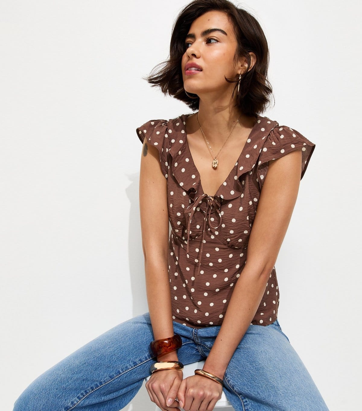 New Look Brown Spot Print Frill Trim Tea Top
