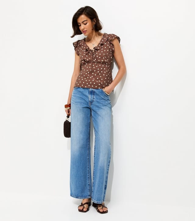 New Look Women's Brown Spot Print Frill Trim Tea Top New Look - 2