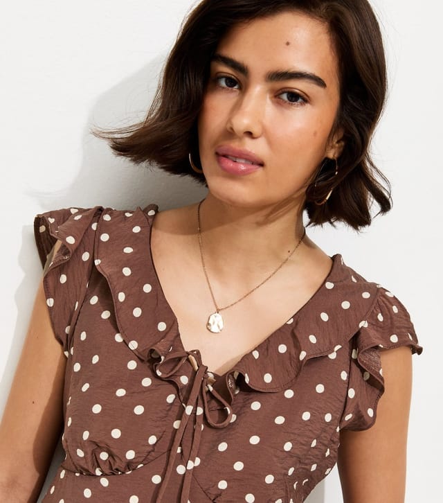 New Look Women's Brown Spot Print Frill Trim Tea Top New Look - 3