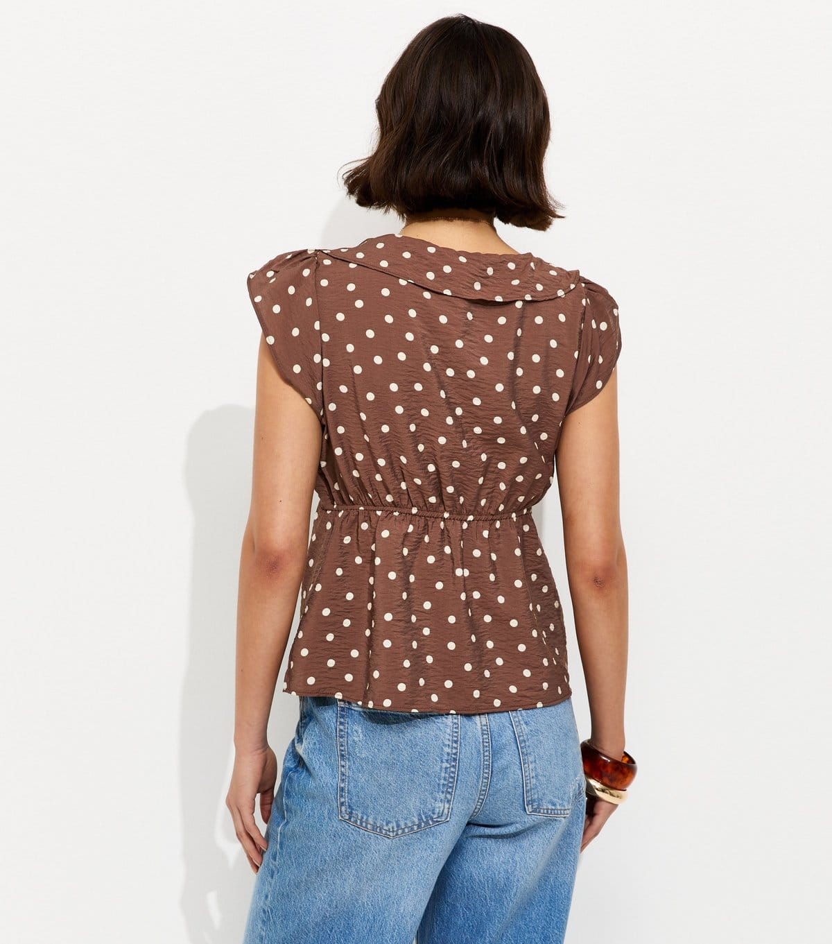 New Look Women's Brown Spot Print Frill Trim Tea Top New Look - 4