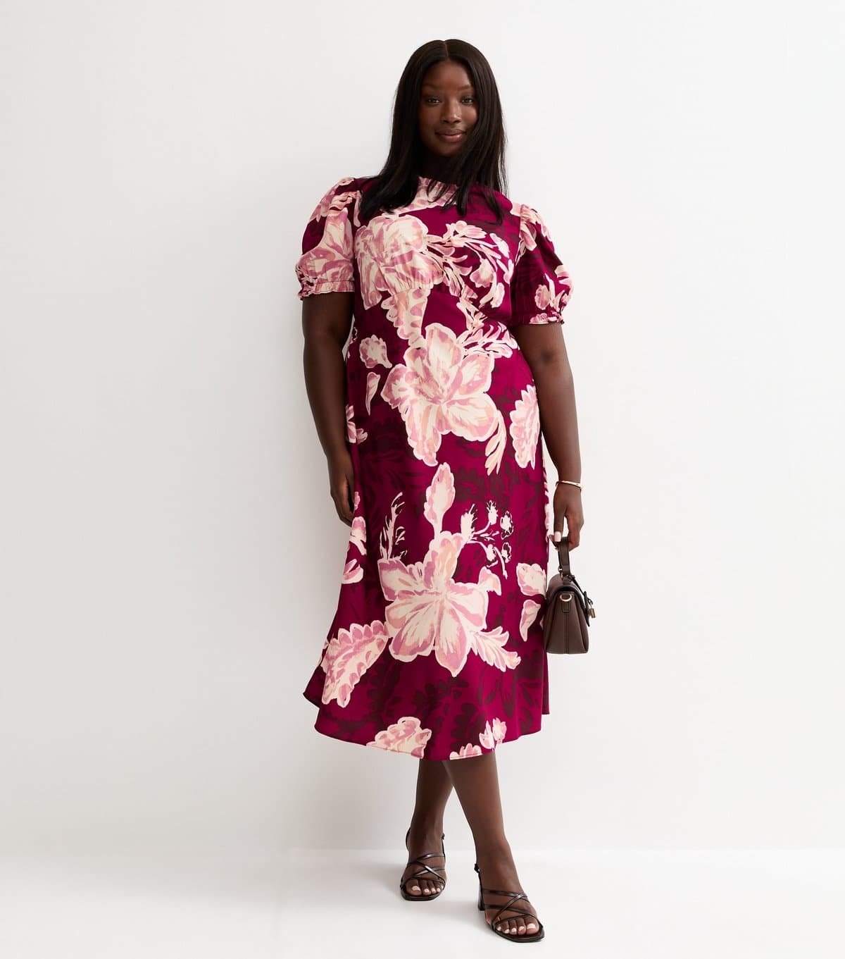 New Look Women's Plus Size Red Crepe Floral Print Short Sleeve Midi Dress Curves New Look