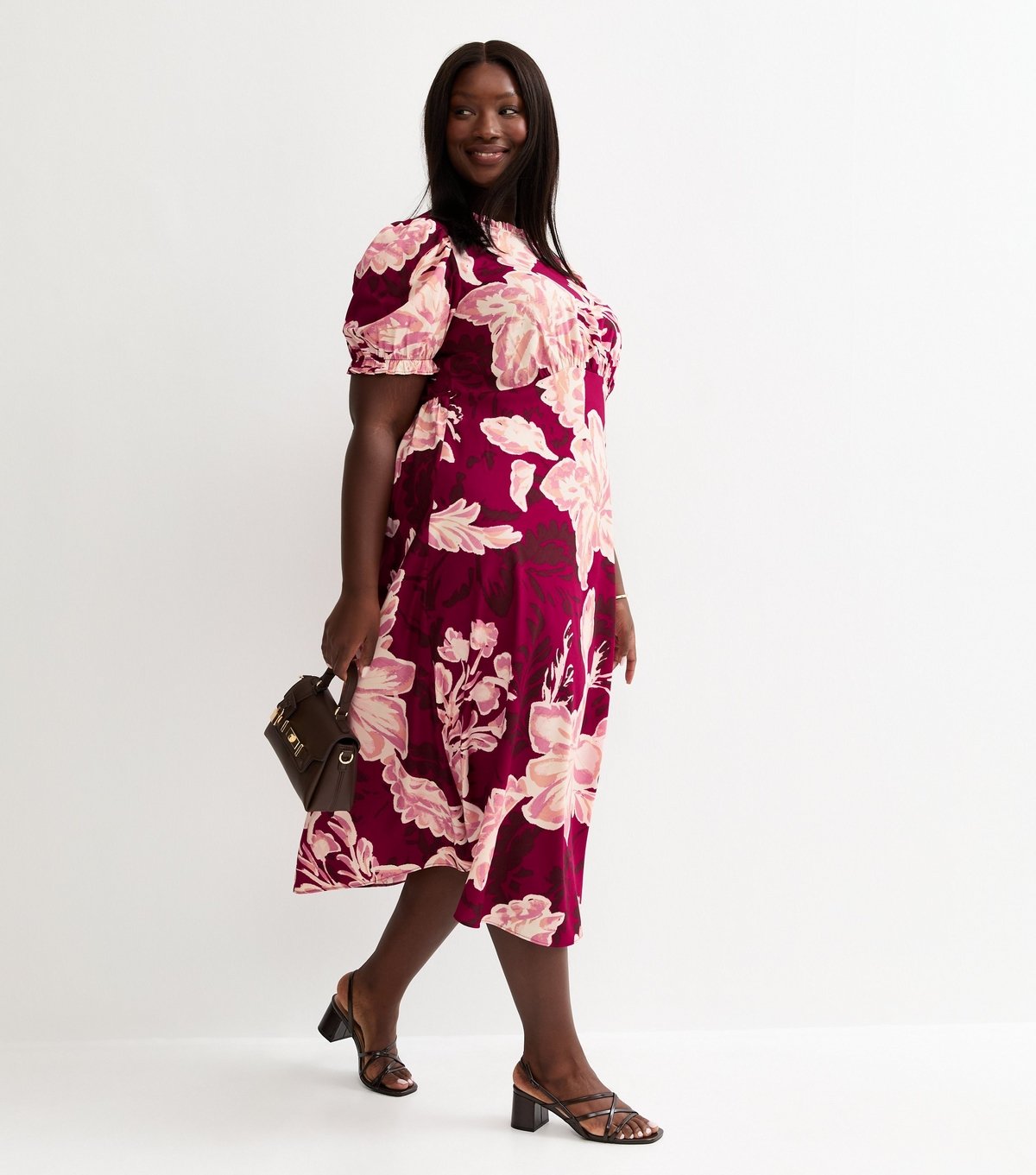 New Look Women's Plus Size Red Crepe Floral Print Short Sleeve Midi Dress Curves New Look - 3