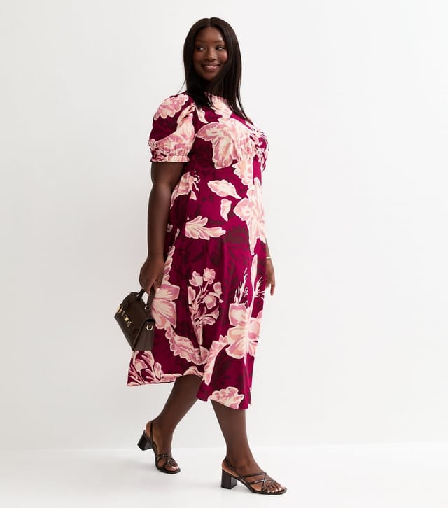 New Look Women's Plus Size Red Crepe Floral Print Short Sleeve Midi Dress Curves New Look - 3