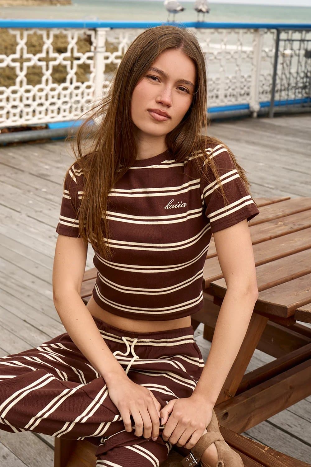 Kaiia Kaiia Rib Stripe Baby Tee Lemon & Chocolate