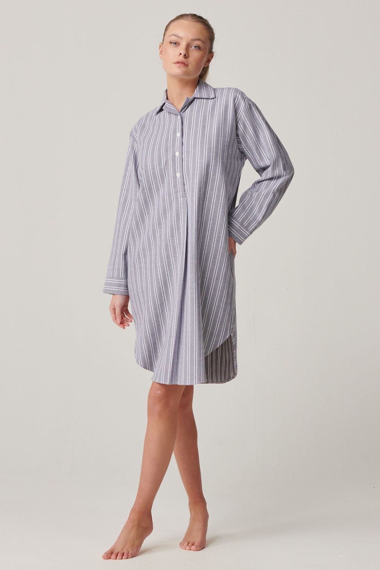 British Boxers British Boxers Women's "Westwood Pebble" Stripe Brushed Cotton Nightshirt in Light Grey