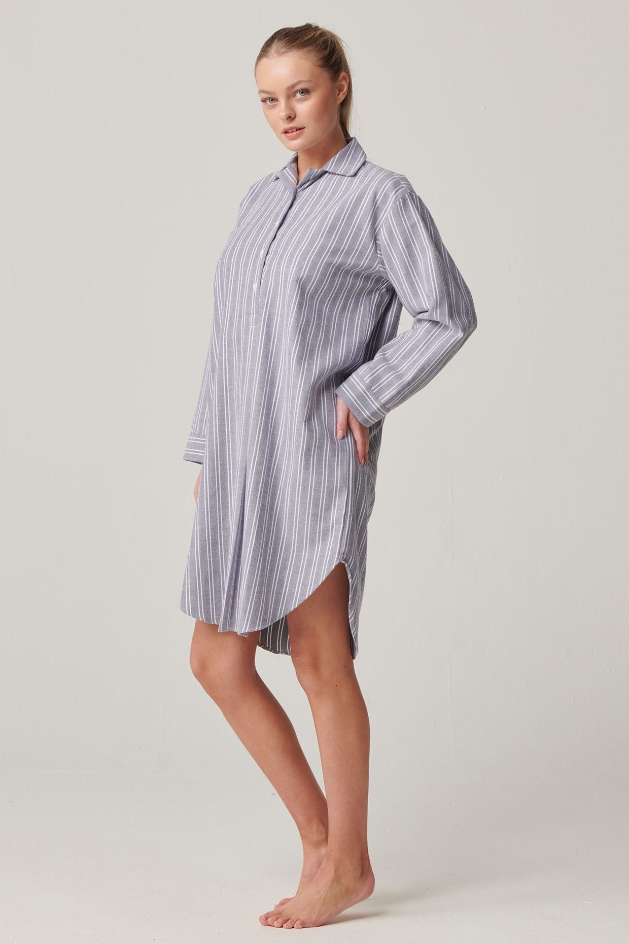 British Boxers British Boxers Women's "Westwood Pebble" Stripe Brushed Cotton Nightshirt in Light Grey - 2