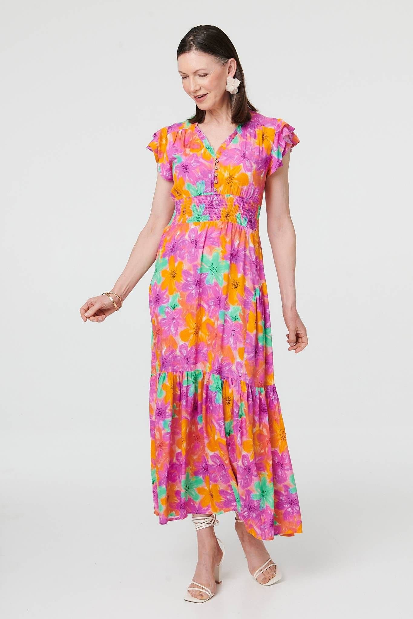 Izabel London Izabel London Women's Floral V-Neck Cap Sleeve Maxi Dress
