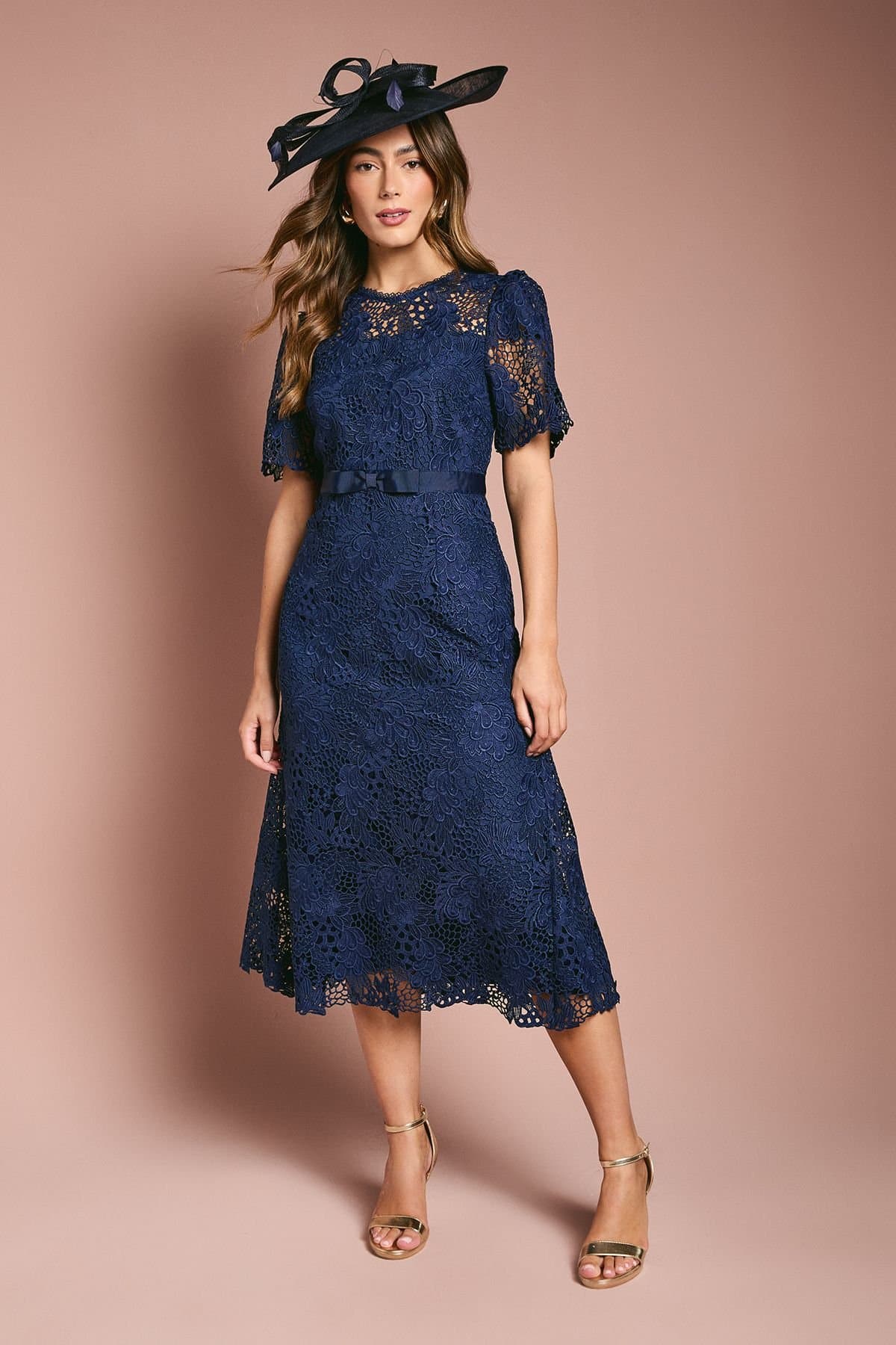 Coast Coast Women's Lace Midi Dress With Bow Belt in Navy