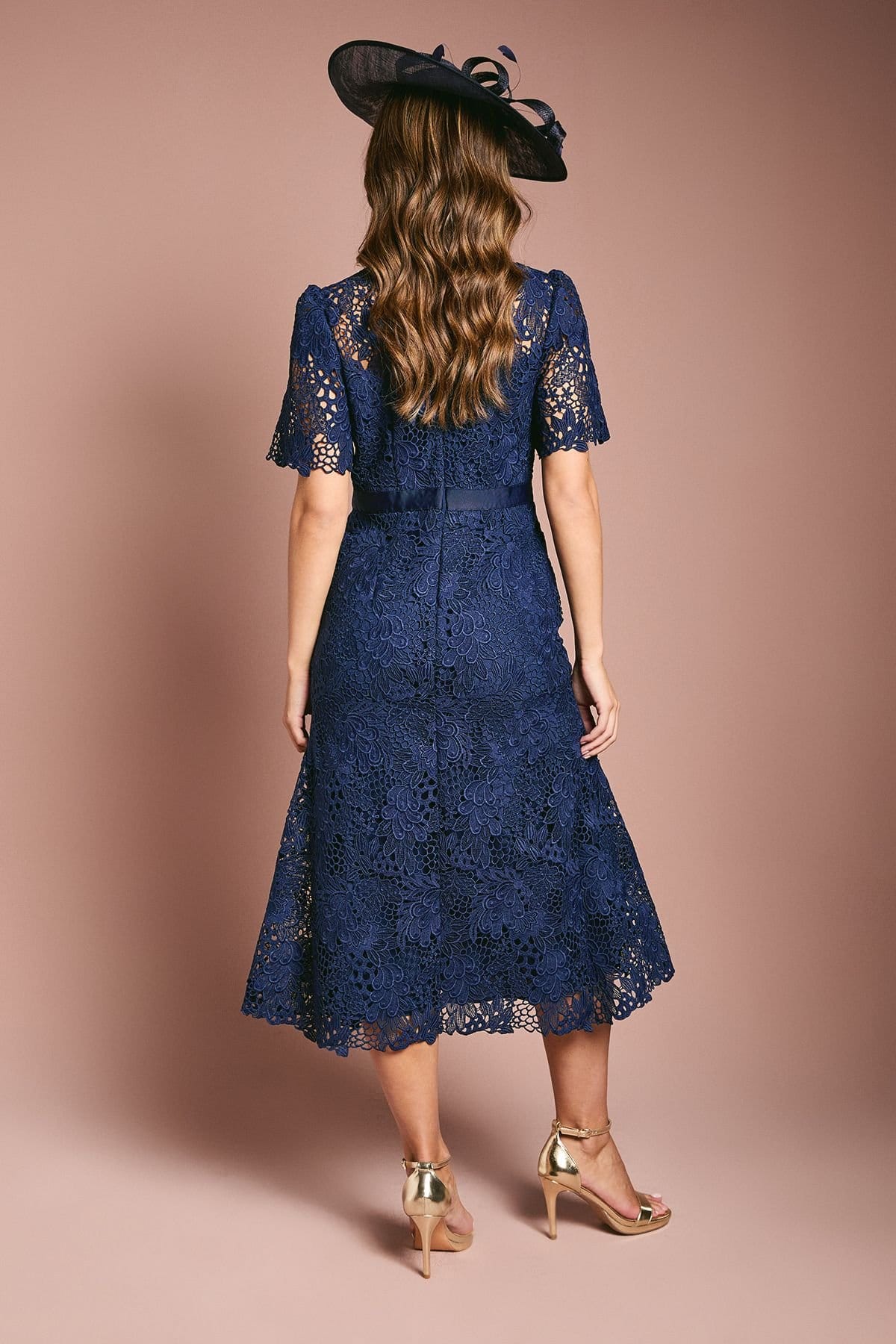 Coast Coast Women's Lace Midi Dress With Bow Belt in Navy - 4