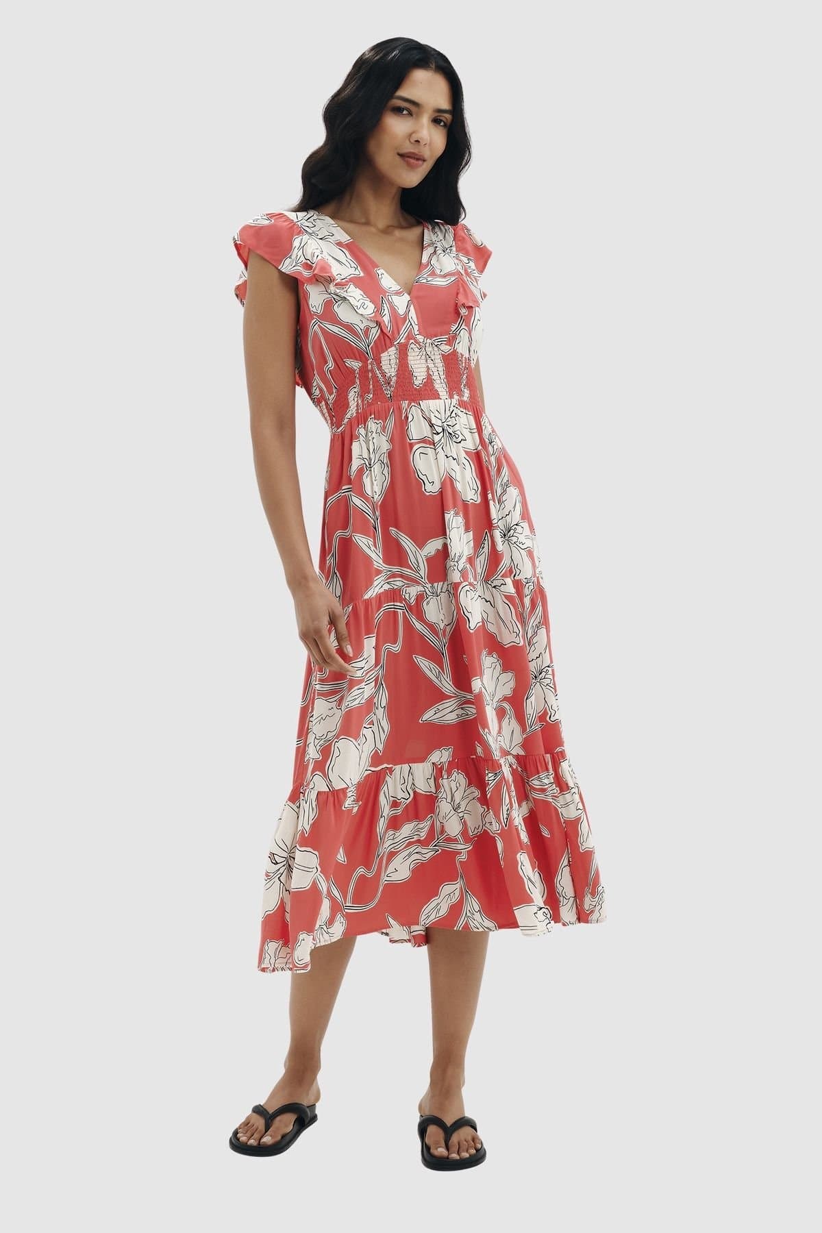 Finery London Finery London Women's Mattie V-Neck Tiered Midi Dress in Scarlet