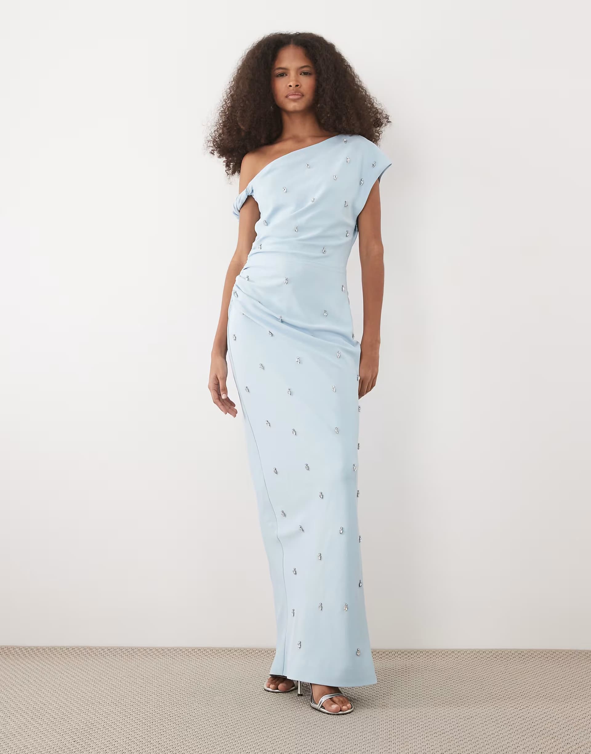ASOS Six Stories fallen shoulder beaded maxi dress in pale blue